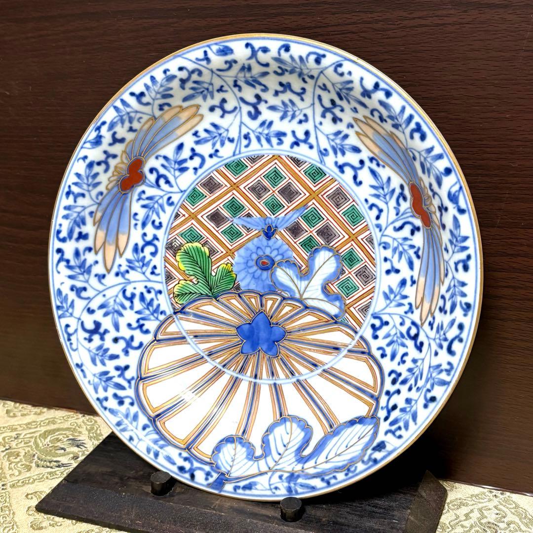 希少✨大聖寺伊万里 染錦手 菊花紋様 金彩 花唐草紋様 中皿 単品✨アンティーク