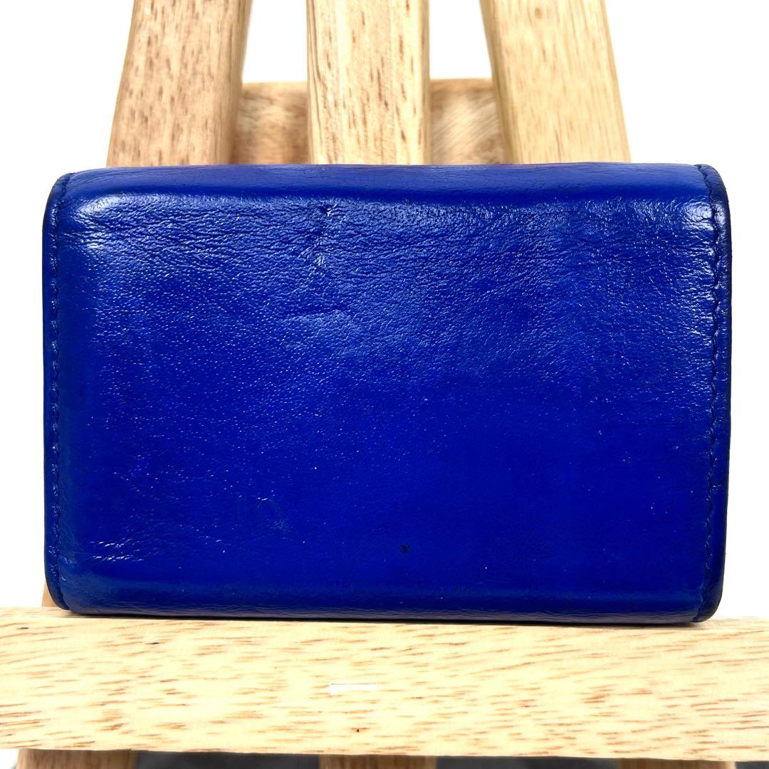 バレンシアガ 三つ折り財布　エブリデイ　ロゴプリント　レザー　ブルー　ミニ財布