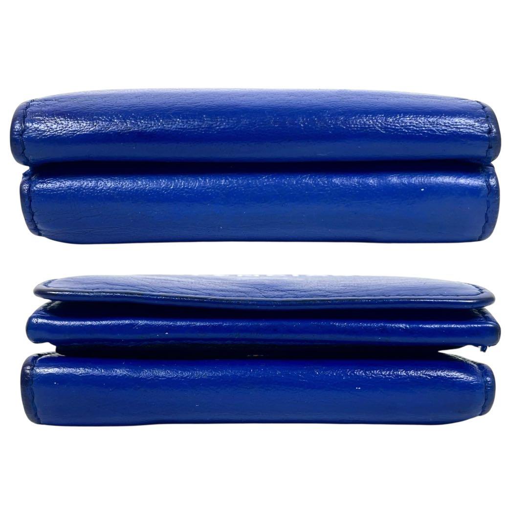 バレンシアガ 三つ折り財布　エブリデイ　ロゴプリント　レザー　ブルー　ミニ財布