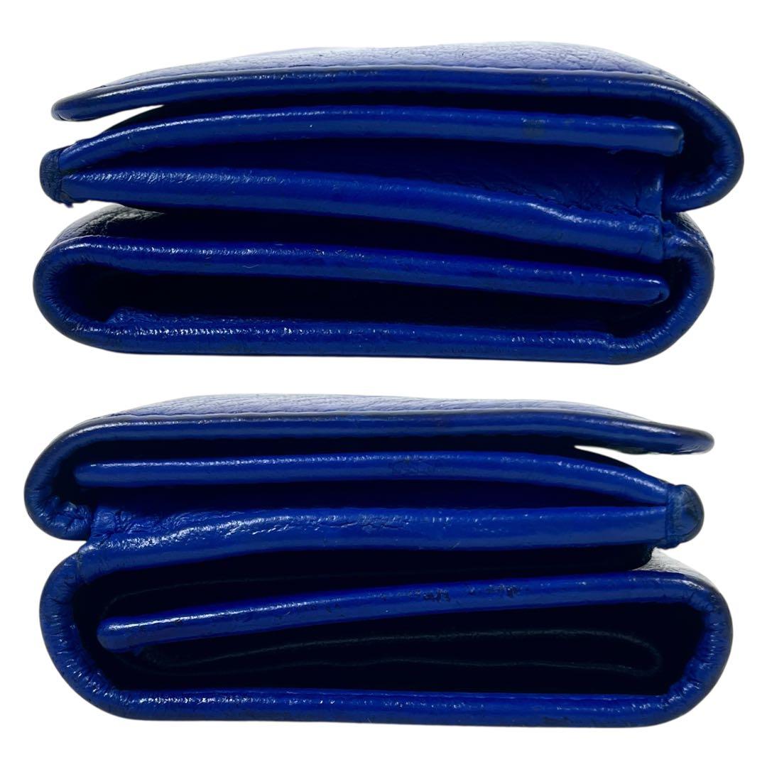 バレンシアガ 三つ折り財布　エブリデイ　ロゴプリント　レザー　ブルー　ミニ財布