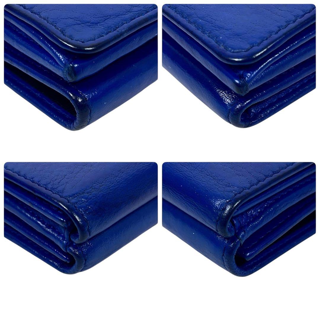 バレンシアガ 三つ折り財布　エブリデイ　ロゴプリント　レザー　ブルー　ミニ財布