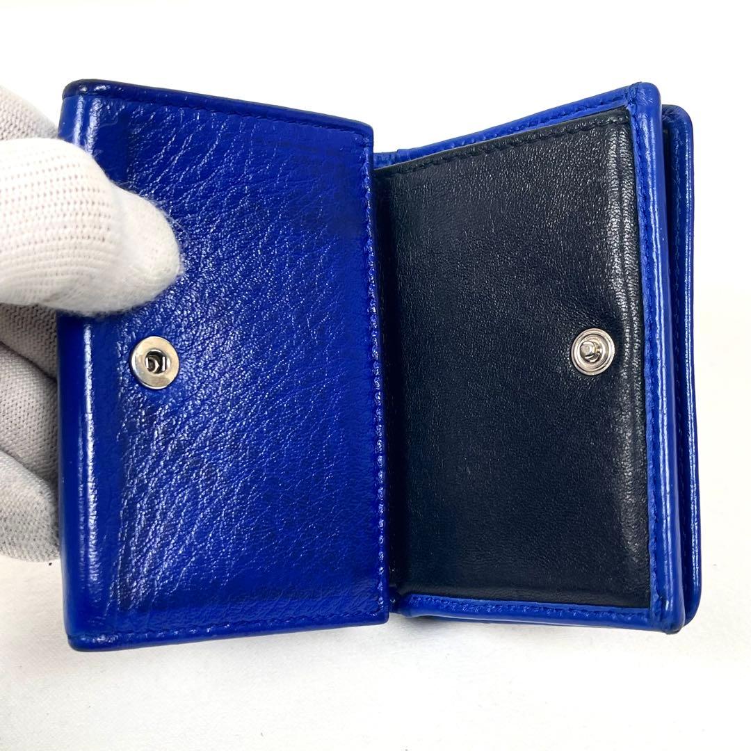 バレンシアガ 三つ折り財布　エブリデイ　ロゴプリント　レザー　ブルー　ミニ財布