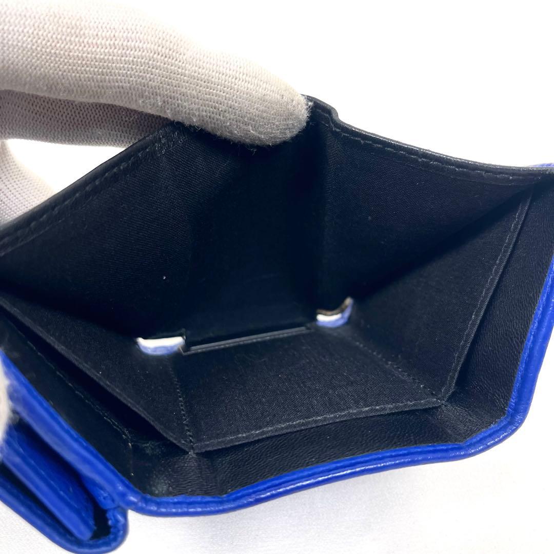 バレンシアガ 三つ折り財布　エブリデイ　ロゴプリント　レザー　ブルー　ミニ財布