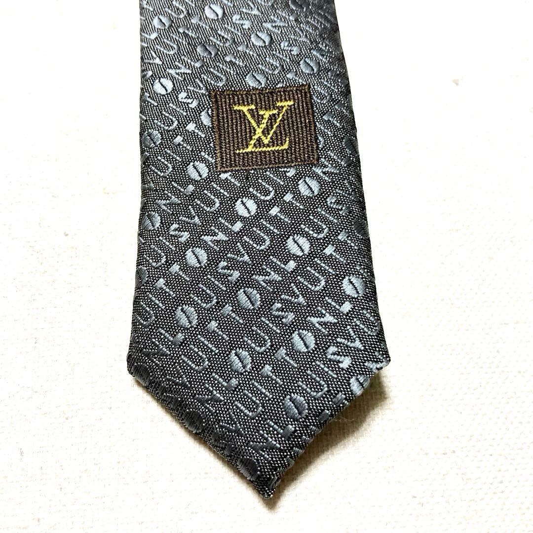 ルイヴィトン ジャガード 光沢 シルク100% グレー ロゴマニア ネクタイ