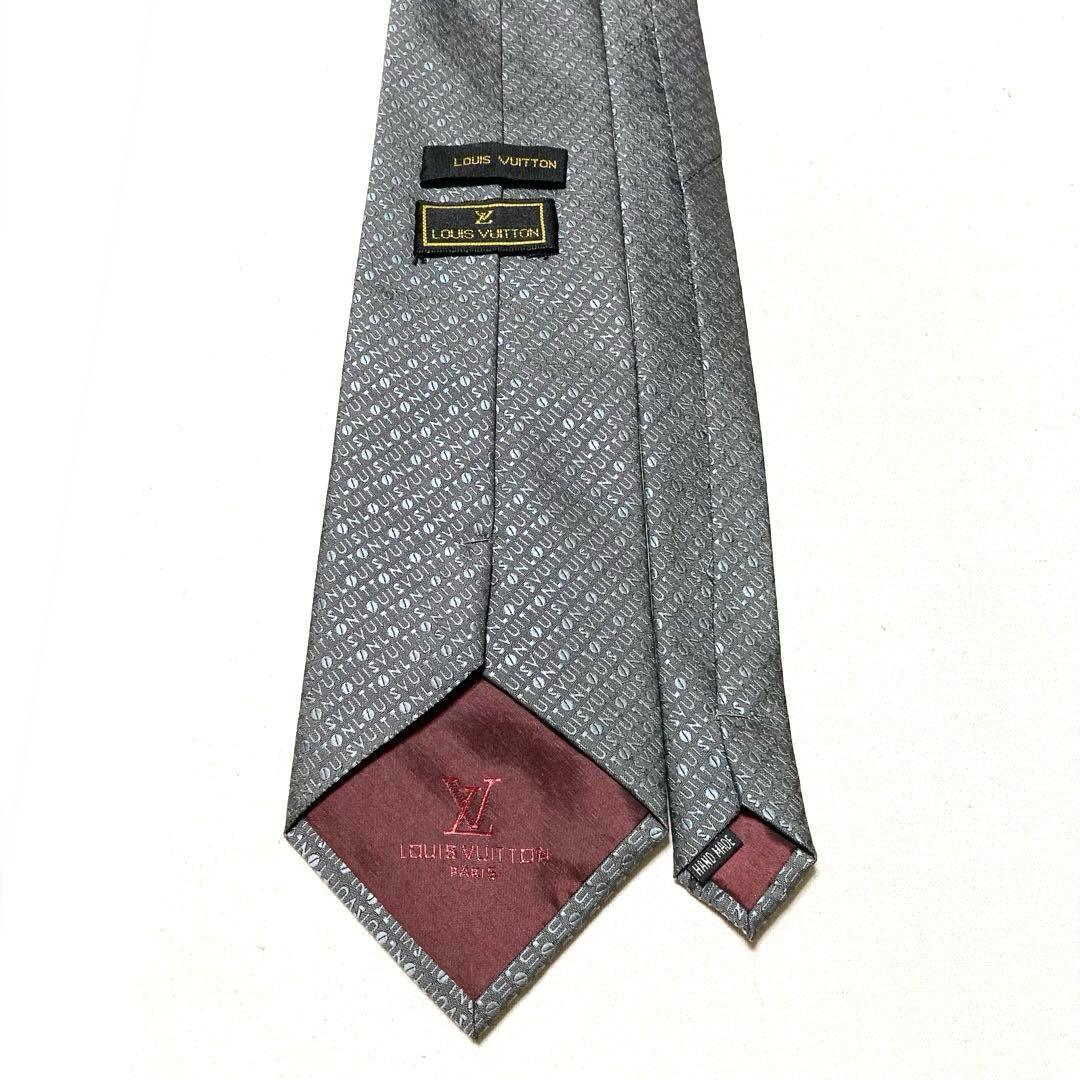 ルイヴィトン ジャガード 光沢 シルク100% グレー ロゴマニア ネクタイ