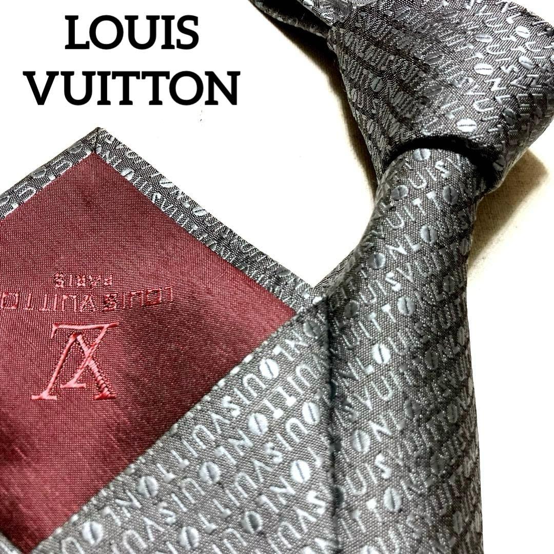 ルイヴィトン ジャガード 光沢 シルク100% グレー ロゴマニア ネクタイ