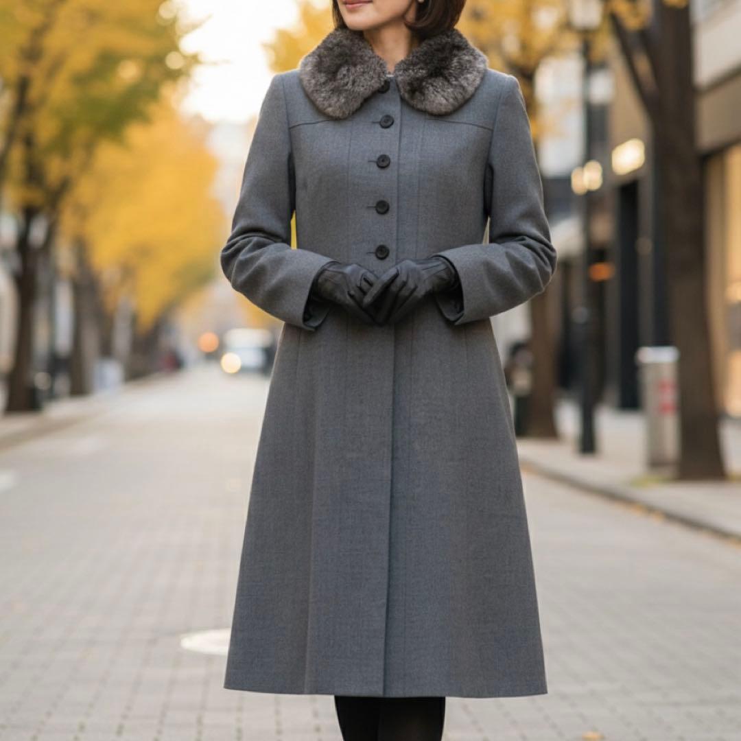 高級 FOXEY チンチラファー　ウール ロングコート フォクシー 40 グレー