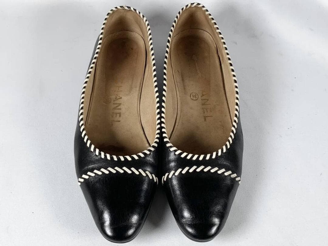 【正規】美品 シャネル CHANEL レザー パンプス フラットシューズ 6 黒