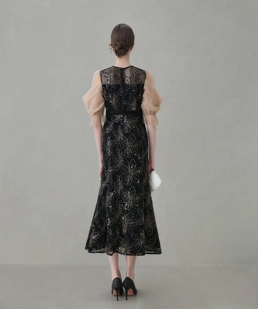 (クリーニング済)Leja スパンコールフラワーリボンチュールワンピースドレス