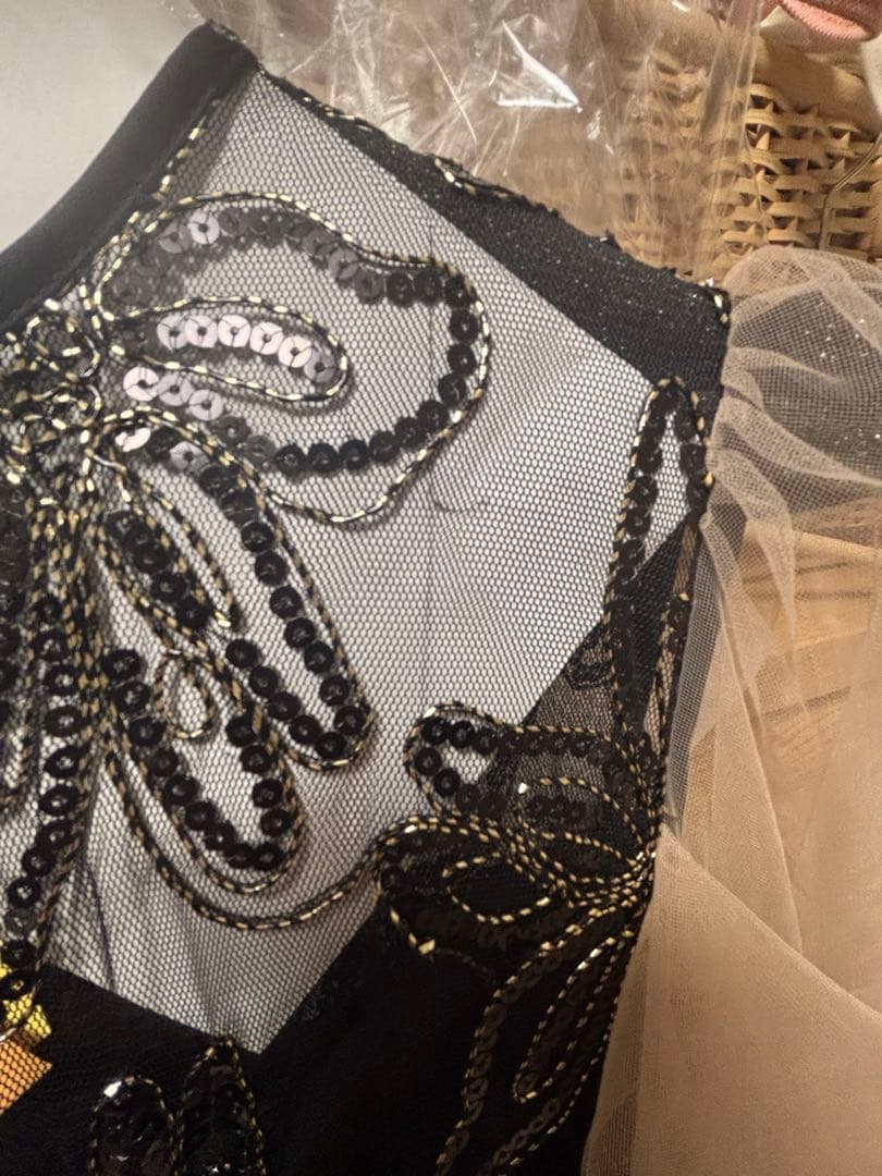 (クリーニング済)Leja スパンコールフラワーリボンチュールワンピースドレス