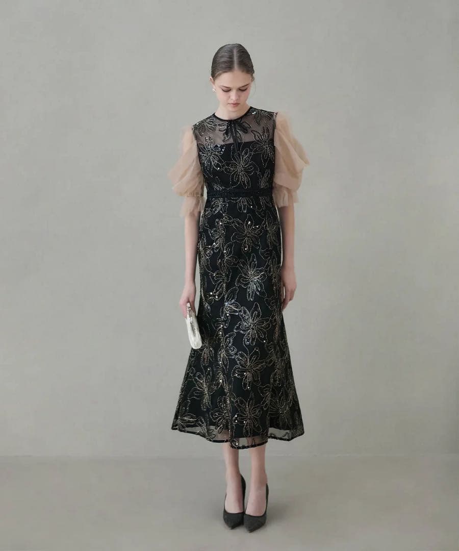 (クリーニング済)Leja スパンコールフラワーリボンチュールワンピースドレス