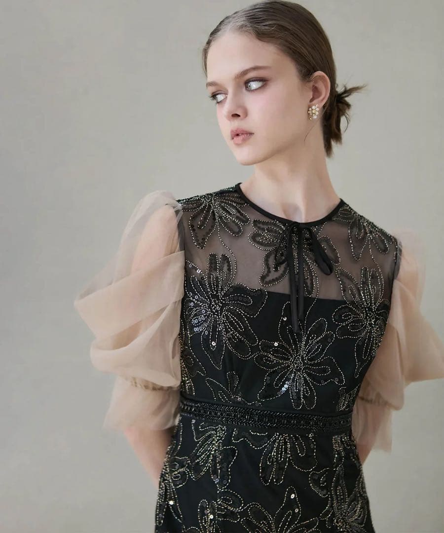 (クリーニング済)Leja スパンコールフラワーリボンチュールワンピースドレス