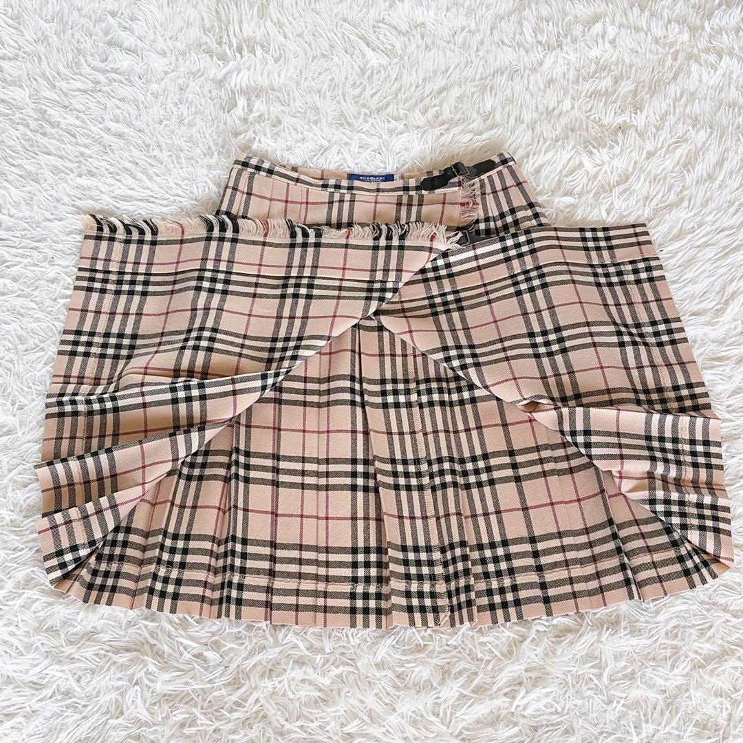 【バーバリーブルーレーベル】ベルトラッププリーツスカート フリンジ ノバチェック