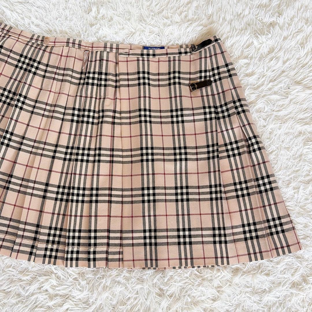 【バーバリーブルーレーベル】ベルトラッププリーツスカート フリンジ ノバチェック