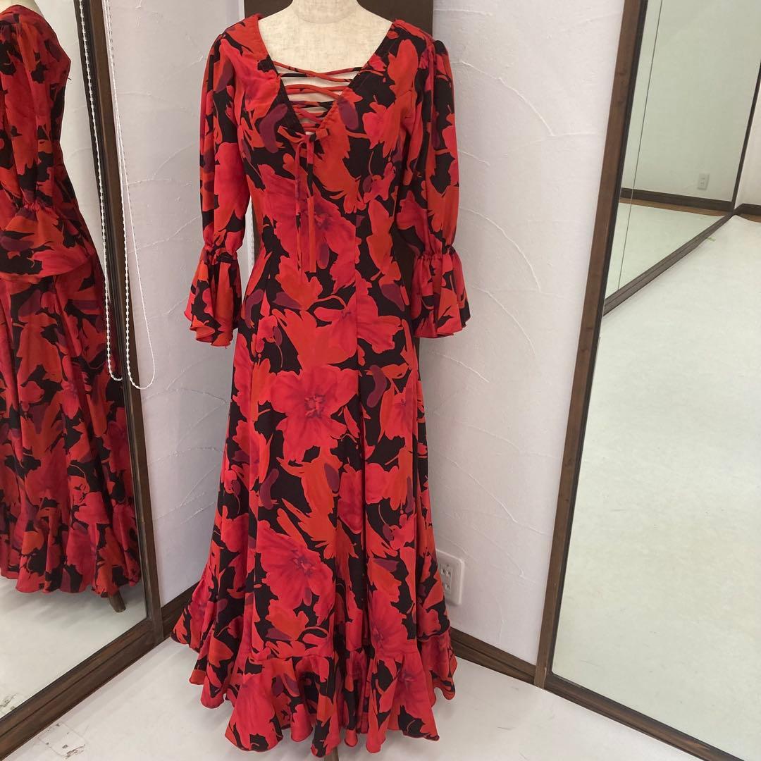 良品 フラメンコ衣装 ワンピース ティアード ロングドレス オーダーメイド 花柄