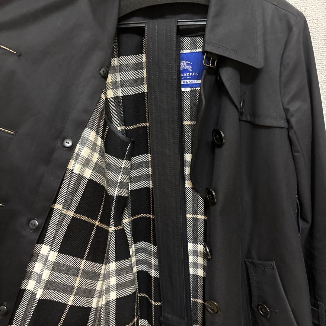 【Dokurl】バーバリーブルーレーベル黒のトレンチコート チェック柄裏地