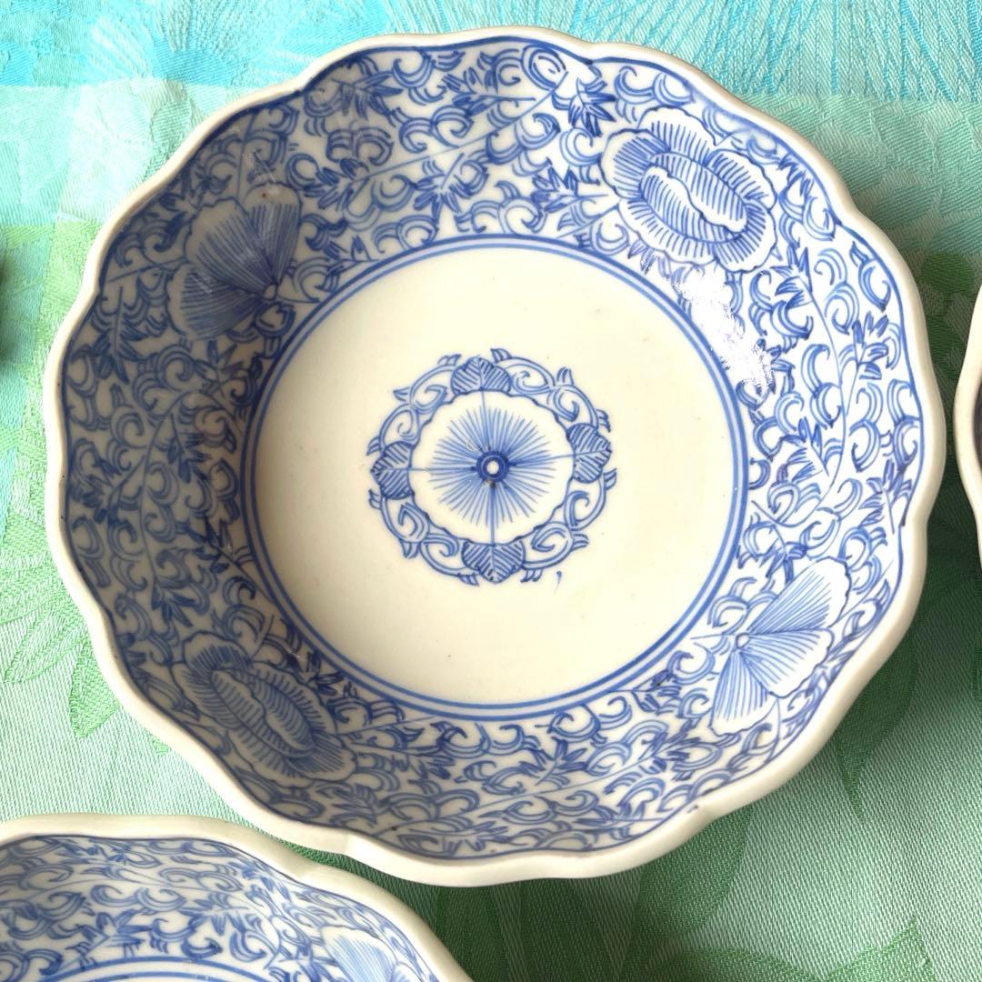 古伊万里　染付　唐草　牡丹　膾皿　5客