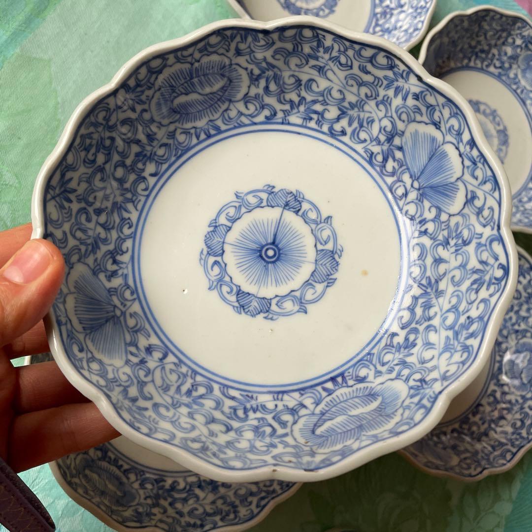 古伊万里　染付　唐草　牡丹　膾皿　5客