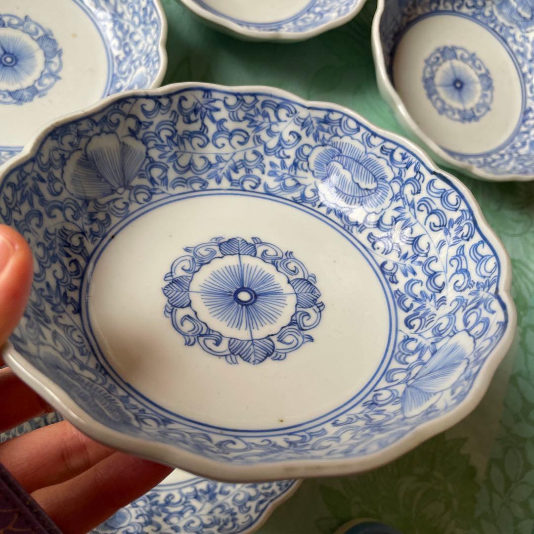 古伊万里　染付　唐草　牡丹　膾皿　5客