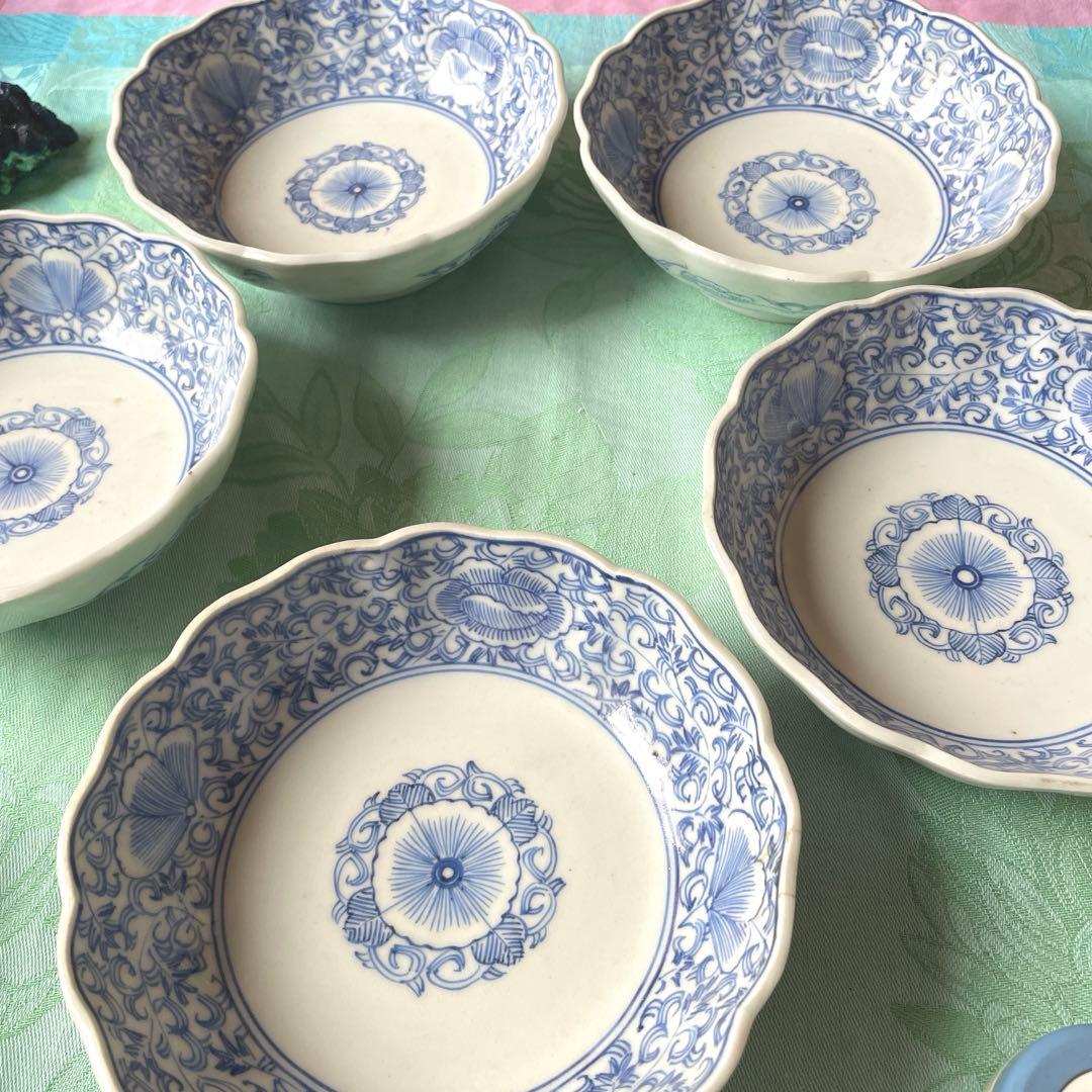 古伊万里　染付　唐草　牡丹　膾皿　5客