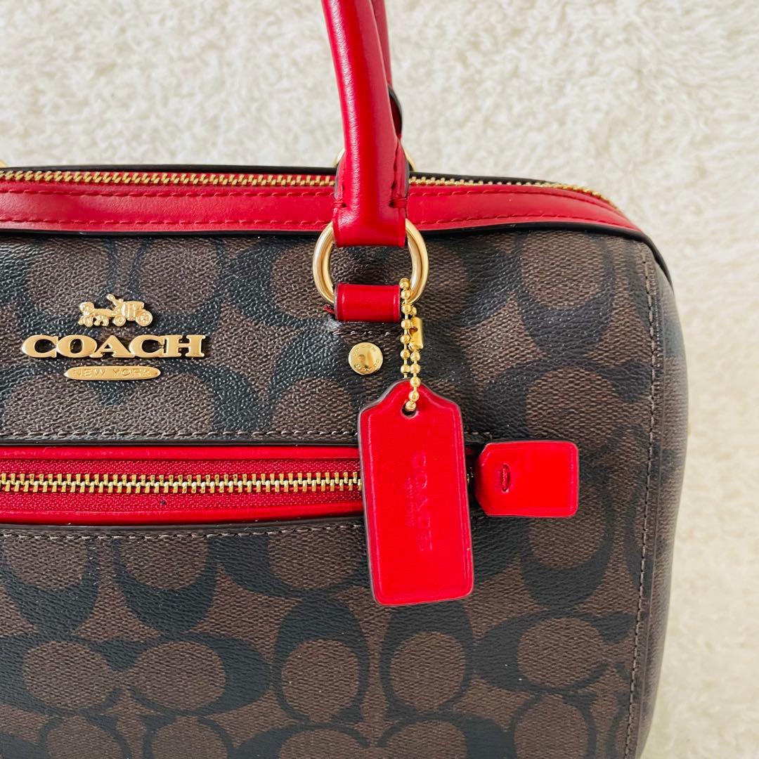 【美品】coach ミニボストン 2way ショルダーバッグ シグネチャー 赤