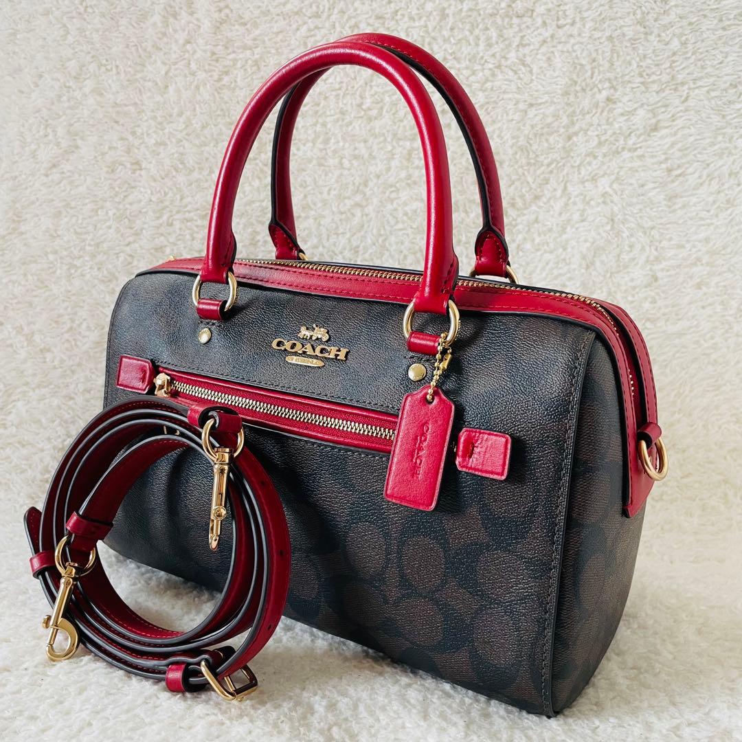 【美品】coach ミニボストン 2way ショルダーバッグ シグネチャー 赤