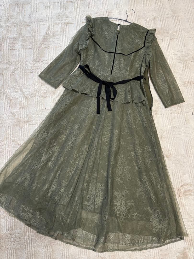 Leja 総レース花柄レイヤード配色フレア後ろリボン　ドレス　パーティードレス