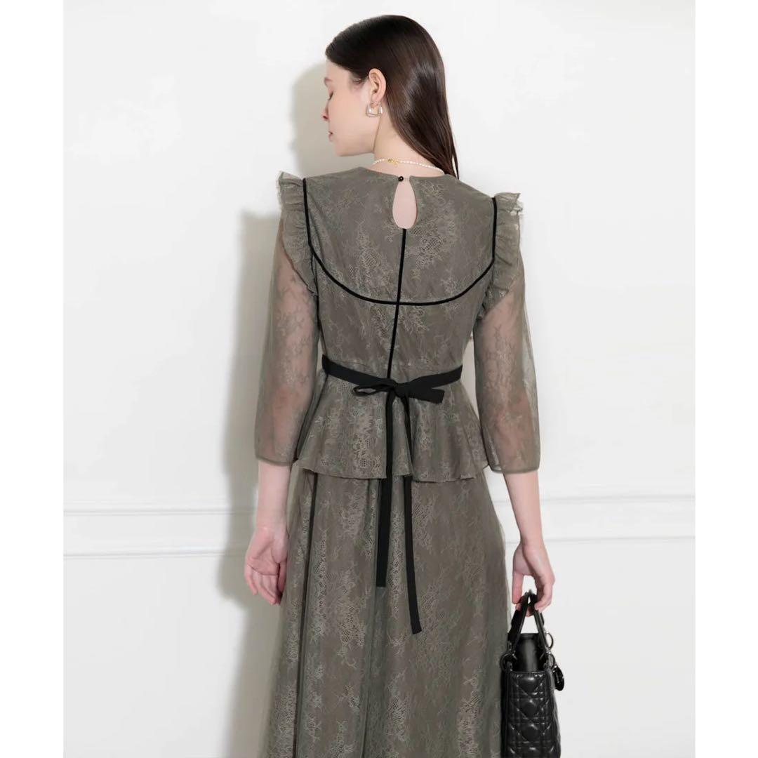 Leja 総レース花柄レイヤード配色フレア後ろリボン　ドレス　パーティードレス