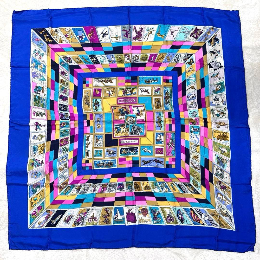 エルメス　カレ90 スカーフ　CORRE SPONDANCE ブルー　切手