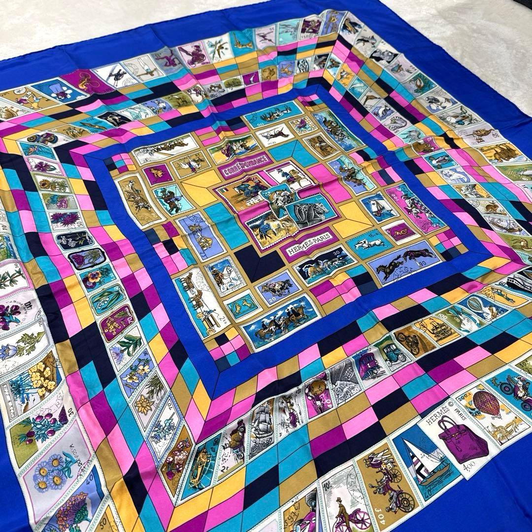 エルメス　カレ90 スカーフ　CORRE SPONDANCE ブルー　切手