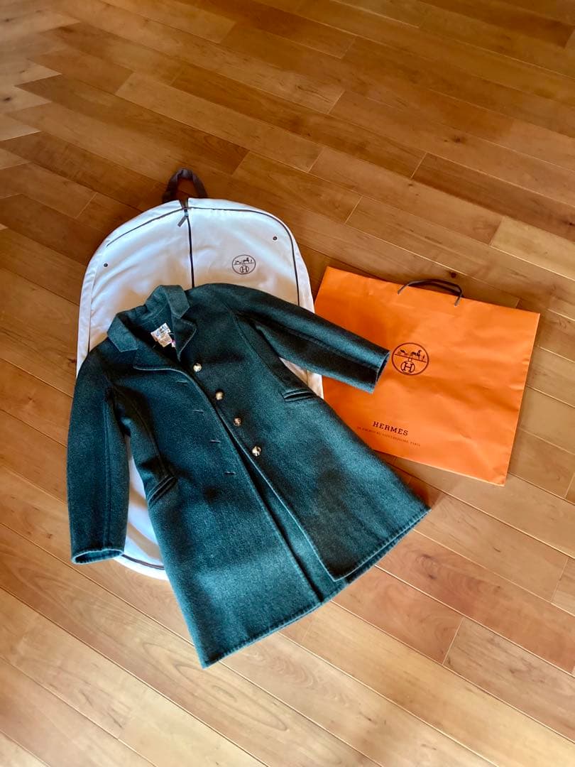 HERMES チェスターコート　カシミヤ　馬車柄ボタン　バッファローホーン