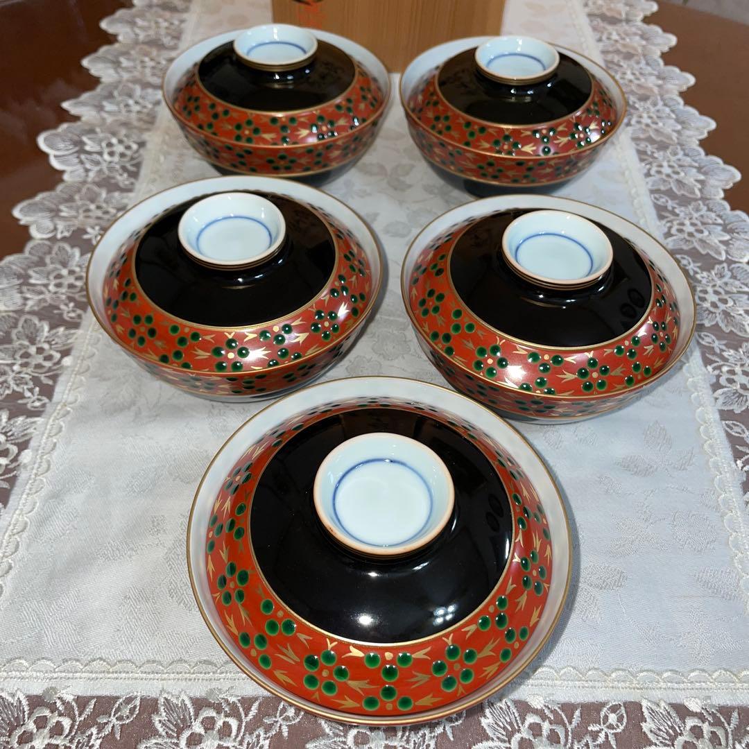 京焼 清水焼 貴古窯 黒袖立地梅花紋 金彩 飯碗碗 5客セット 未使用