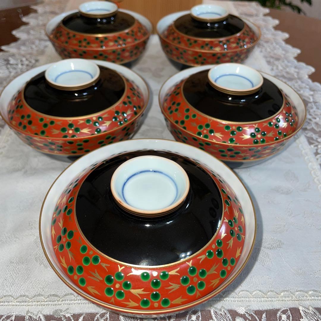 京焼 清水焼 貴古窯 黒袖立地梅花紋 金彩 飯碗碗 5客セット 未使用