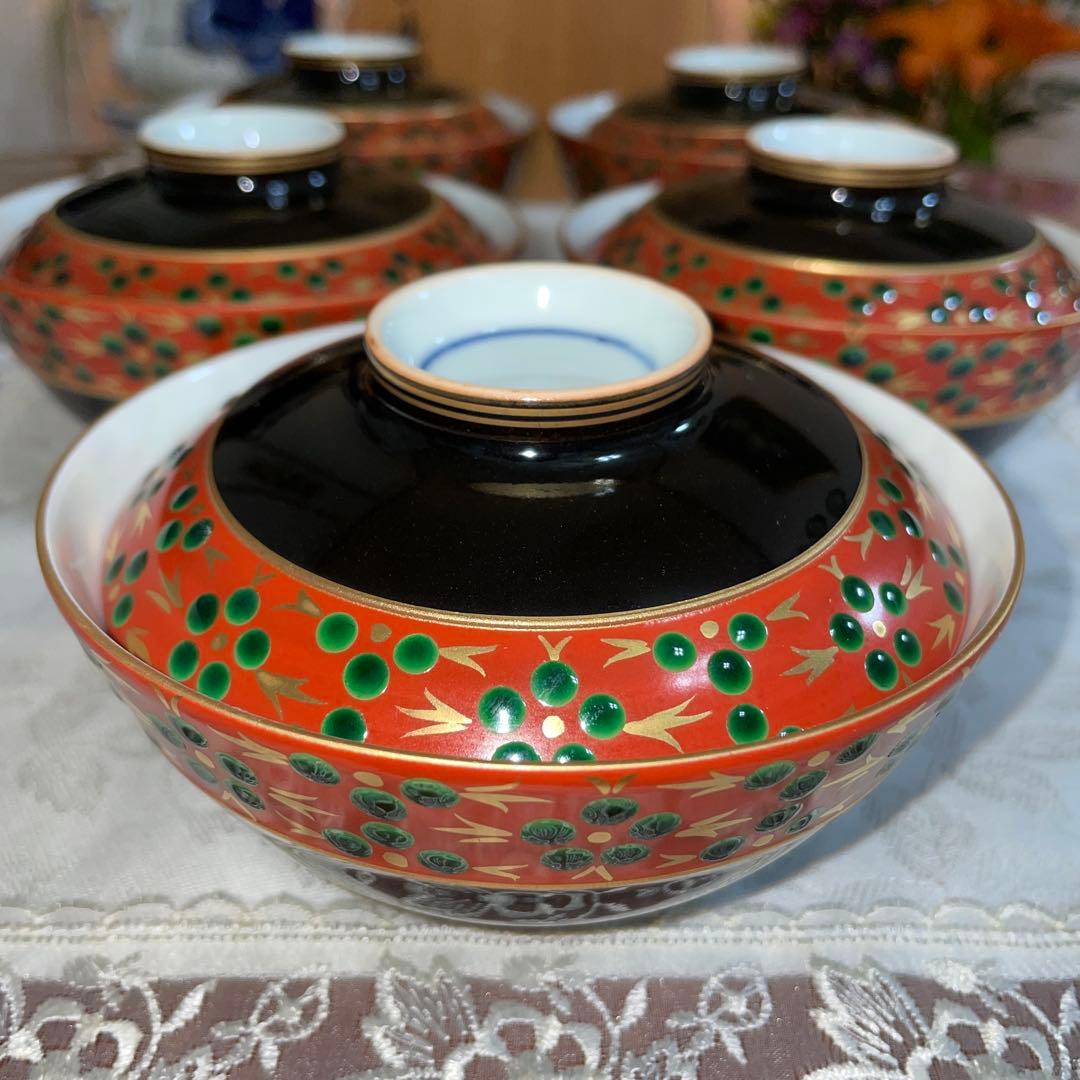 京焼 清水焼 貴古窯 黒袖立地梅花紋 金彩 飯碗碗 5客セット 未使用