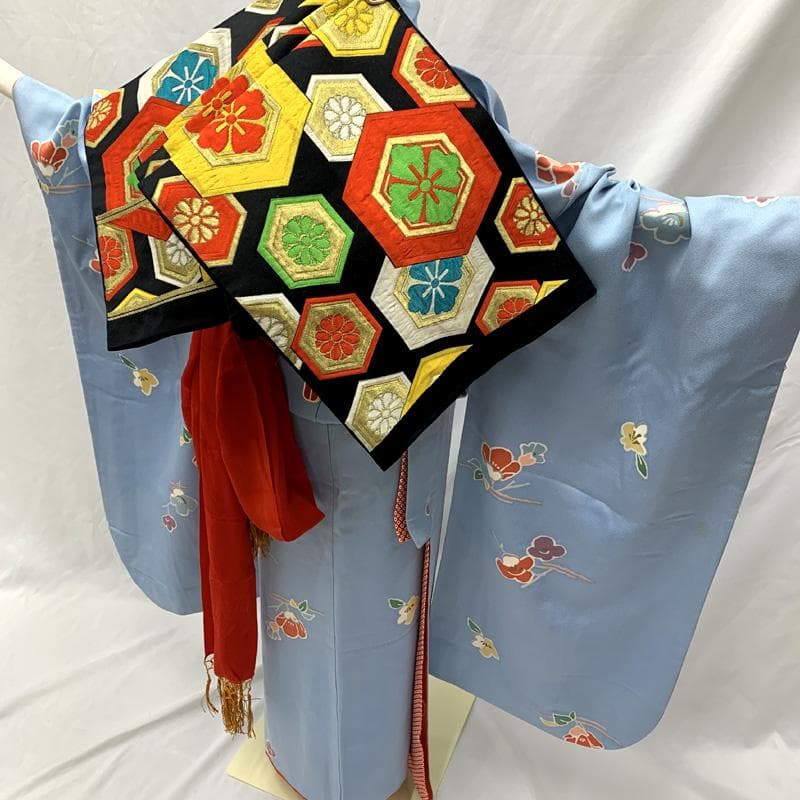 511ag78□七五三 七歳 女児 着物&袋帯 金彩 梅 水色□状態良好