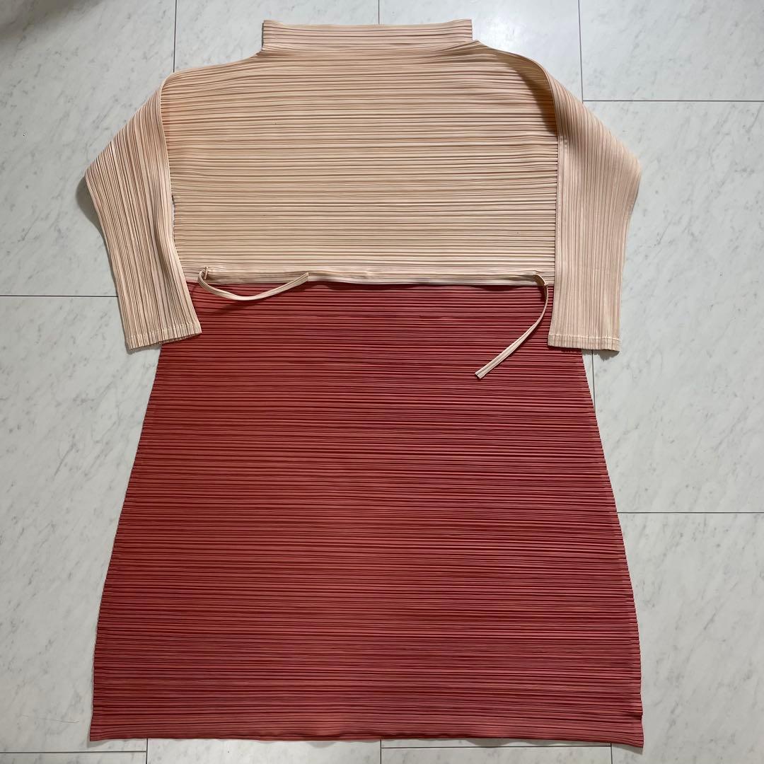 プリーツプリーズ イッセイミヤケ ロングワンピース 横プリーツ バイカラー