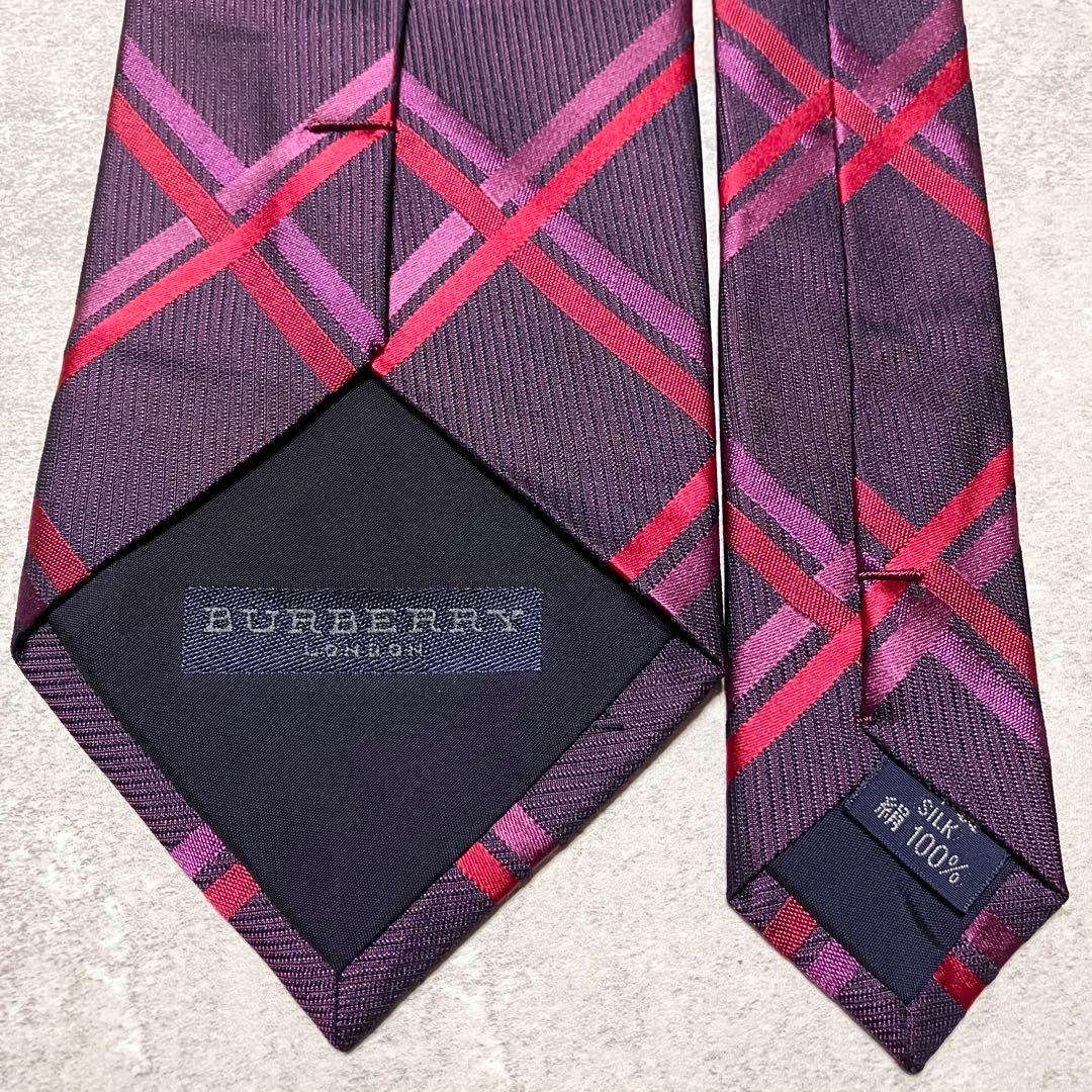 未使用級　バーバリーロンドン　ネクタイ　シルク　ノバチェック　パープル系　日本製