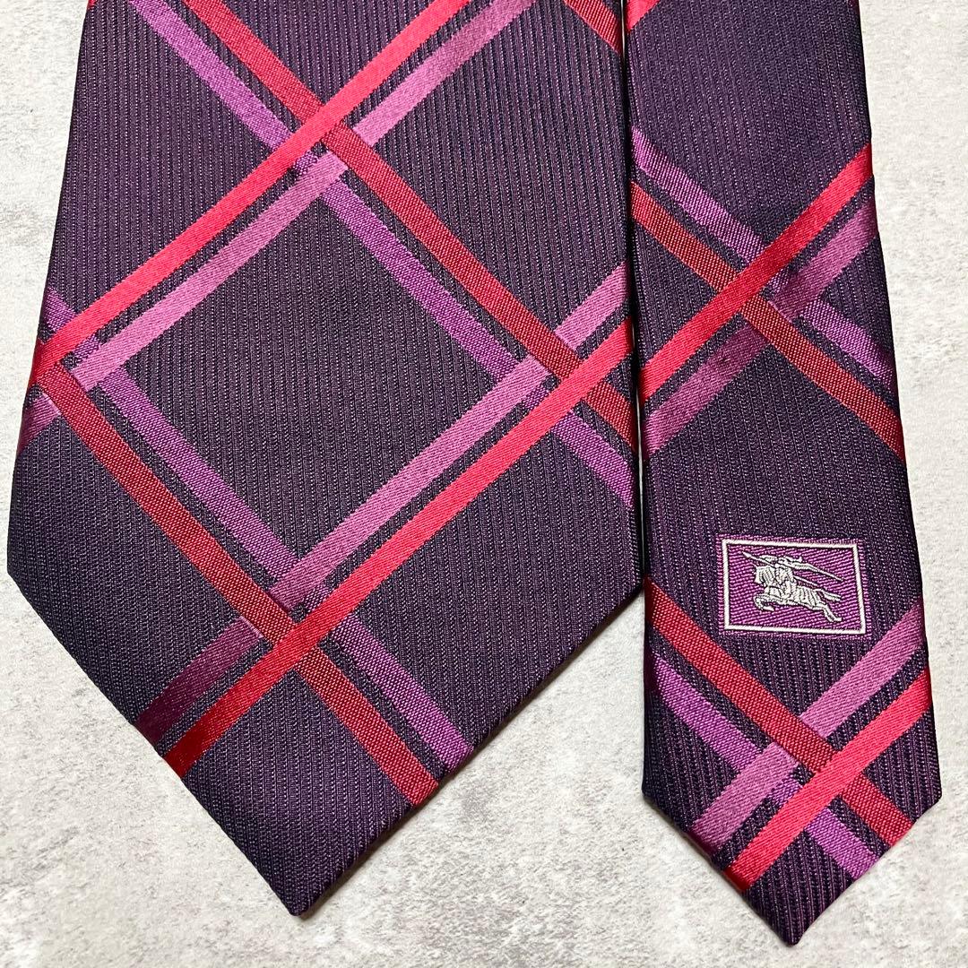 未使用級　バーバリーロンドン　ネクタイ　シルク　ノバチェック　パープル系　日本製