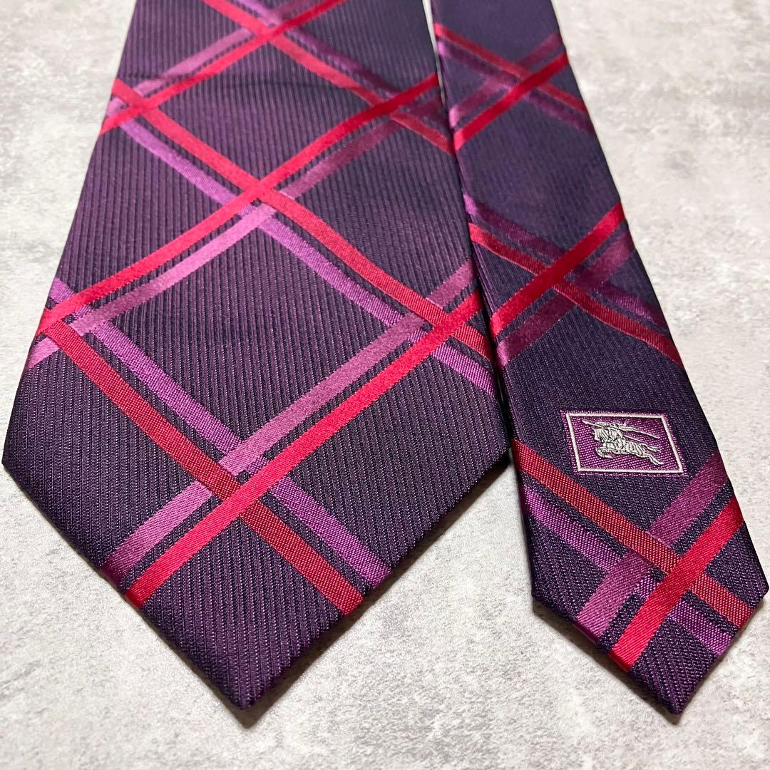 未使用級　バーバリーロンドン　ネクタイ　シルク　ノバチェック　パープル系　日本製
