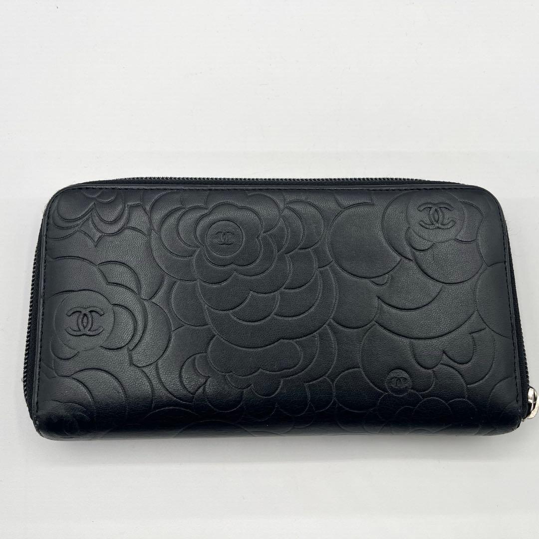 美品◎CHANEL カメリア 長財布 ラウンドファスナー レザー ブラック