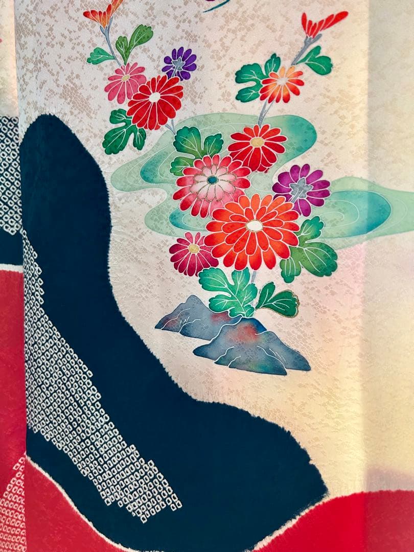 ★七五三 7歳 女の子 正絹 着物 古典柄 赤白 御所車 花柄 美品★