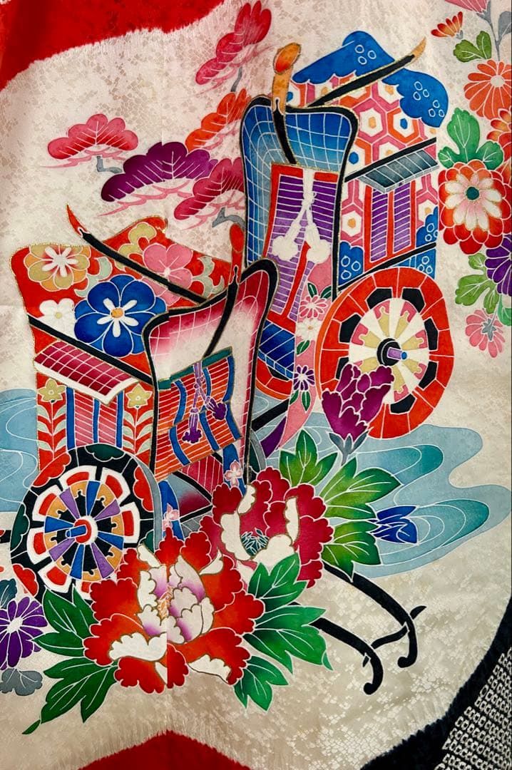 ★七五三 7歳 女の子 正絹 着物 古典柄 赤白 御所車 花柄 美品★