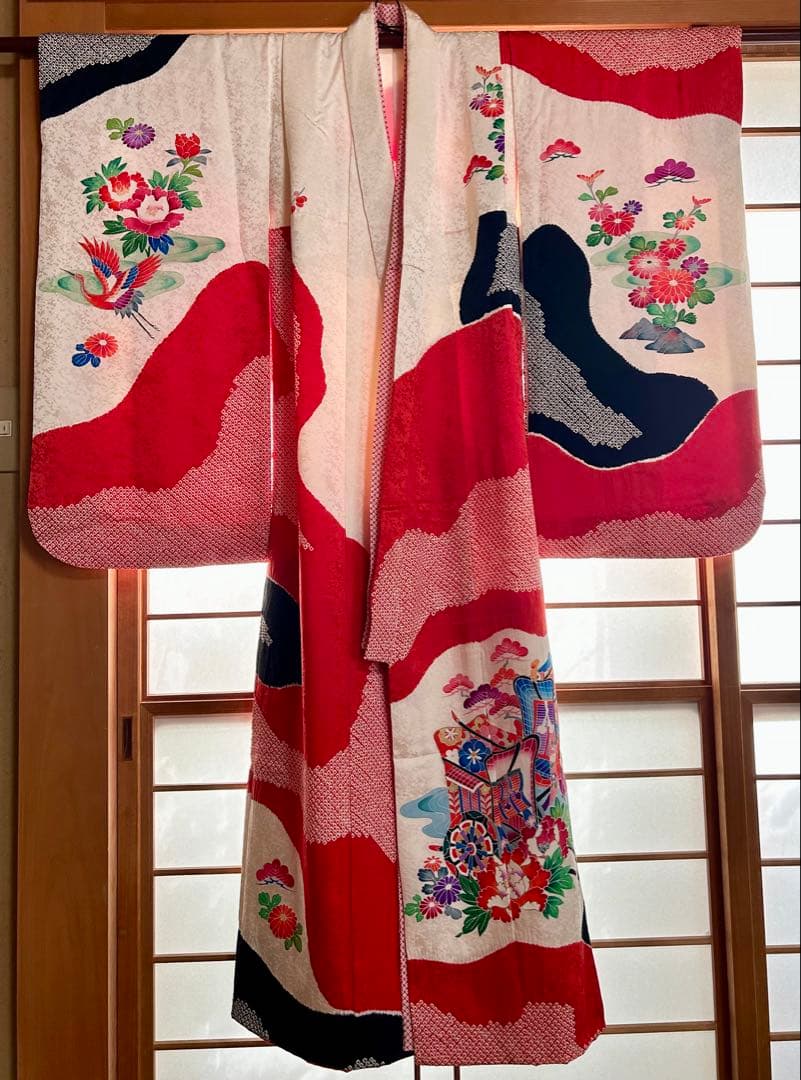 ★七五三 7歳 女の子 正絹 着物 古典柄 赤白 御所車 花柄 美品★