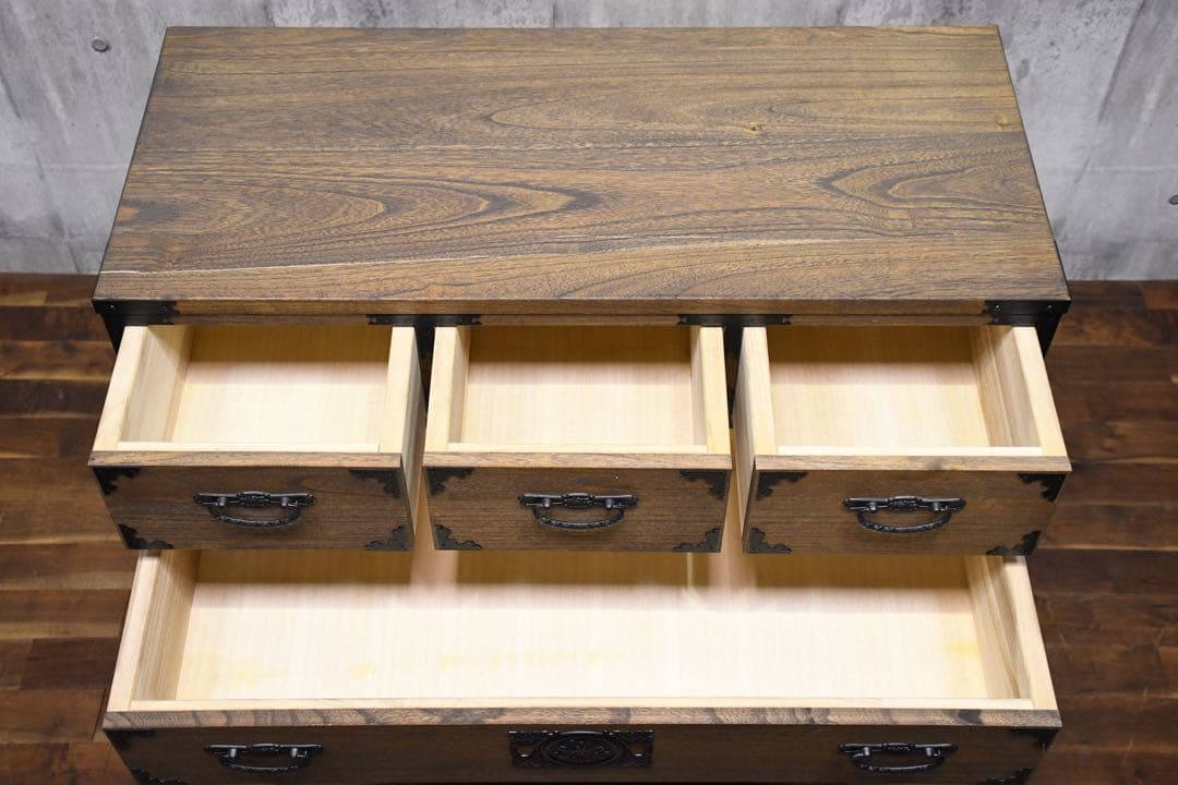 EFK86 焼桐調うづくり時代仕上げ 牡丹 ハイチェスト 5段 桐たんす 桐箪笥