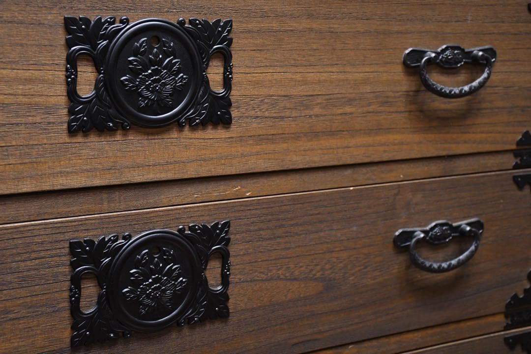 EFK86 焼桐調うづくり時代仕上げ 牡丹 ハイチェスト 5段 桐たんす 桐箪笥