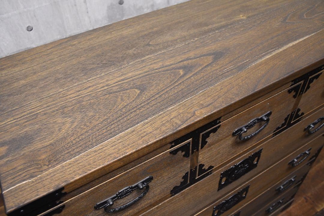 EFK86 焼桐調うづくり時代仕上げ 牡丹 ハイチェスト 5段 桐たんす 桐箪笥