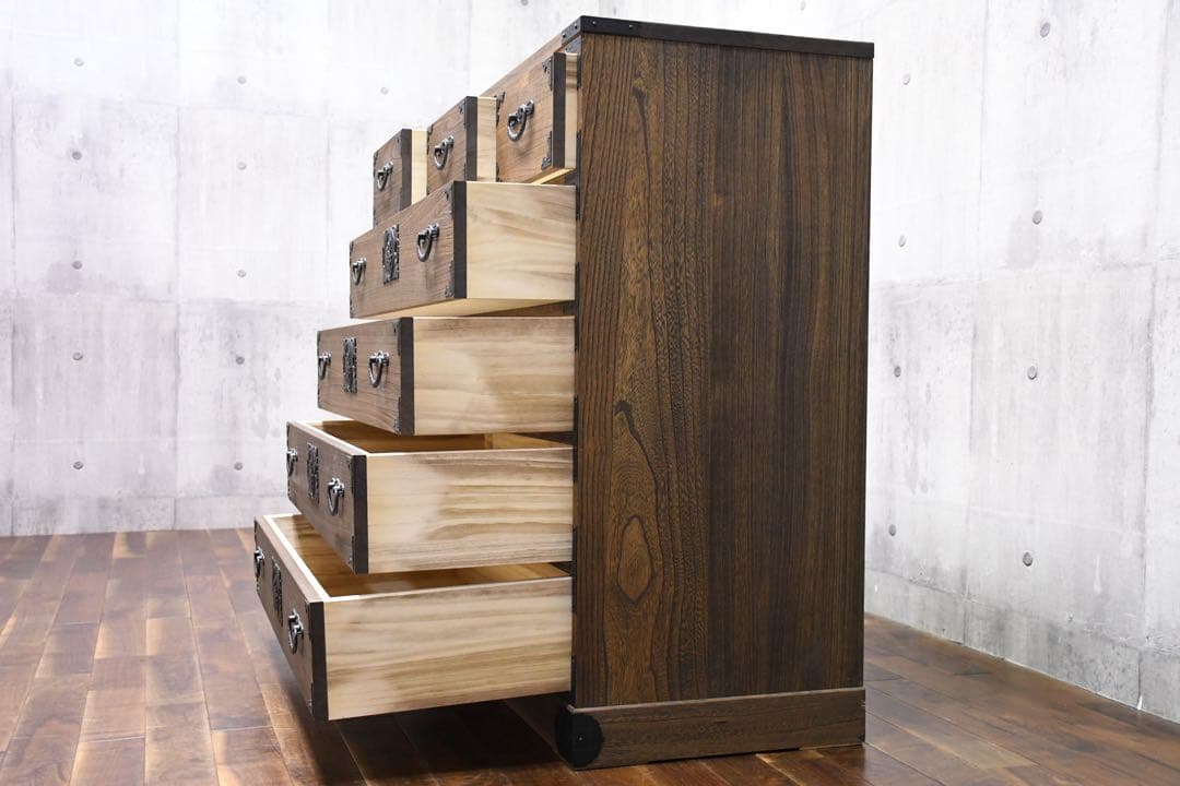 EFK86 焼桐調うづくり時代仕上げ 牡丹 ハイチェスト 5段 桐たんす 桐箪笥