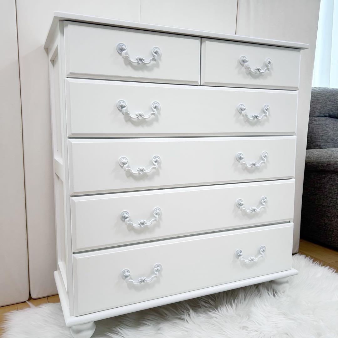 HAGIHARA 姫家具　ホワイト家具　白家具　5段チェスト　ロココ　幅80 桐