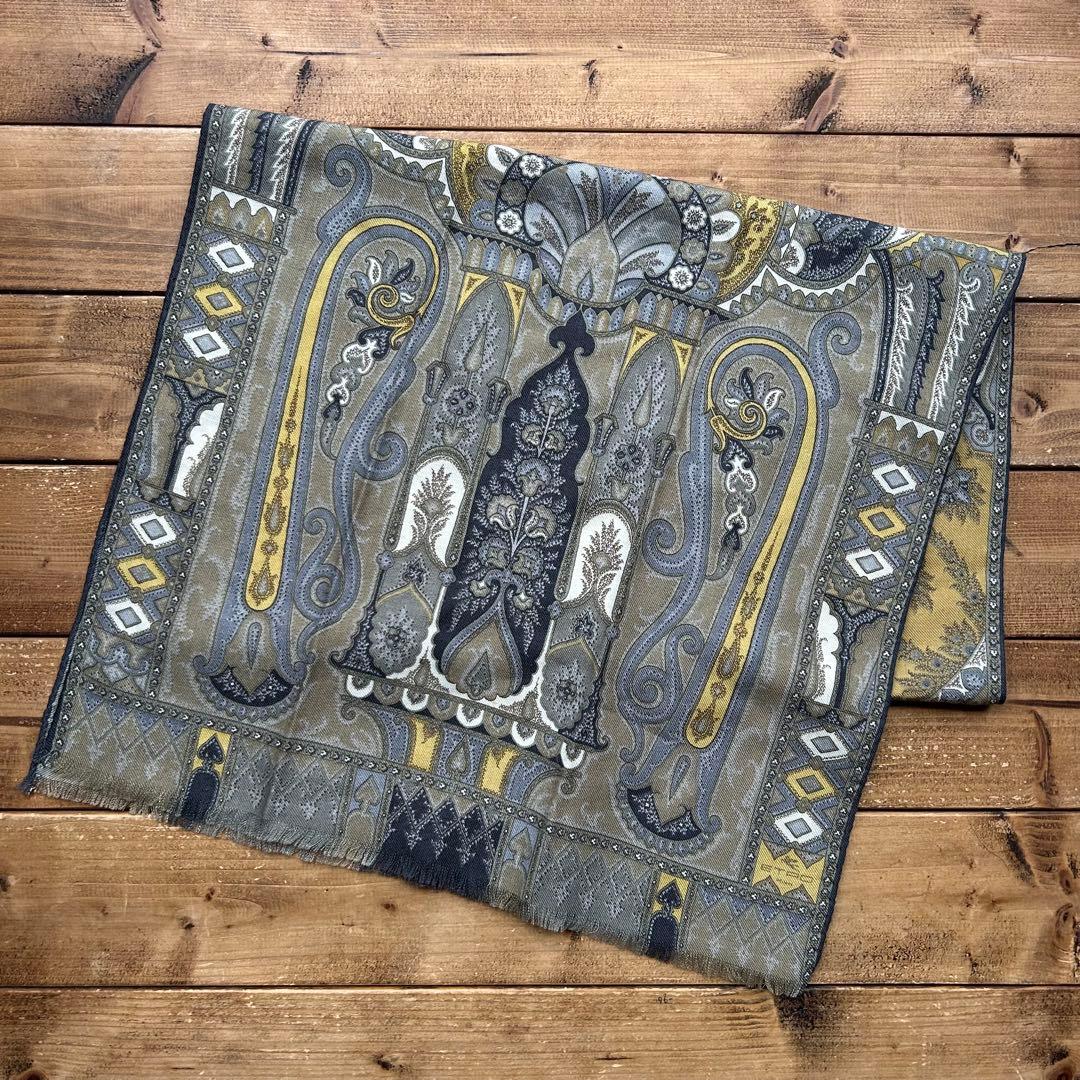 イタリア製 ETRO ウール シルク ペイズリー柄 ストール スカーフ イエロー