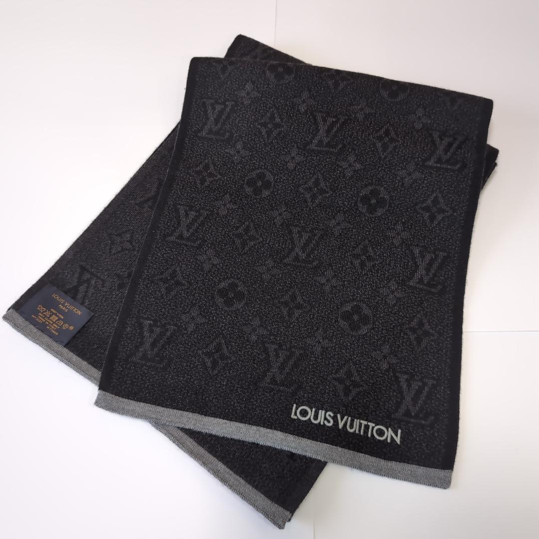 美品 ルイヴィトン モノグラム総柄 ウールマフラー 伊製 黒×濃灰 d107